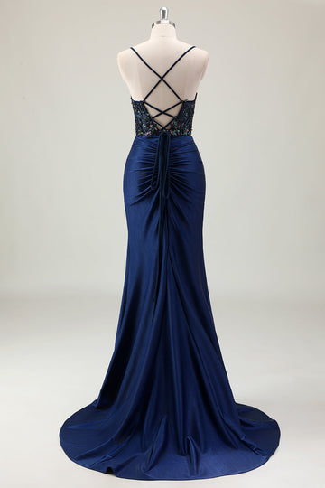 Sparkly Dark Navy Mermaid Sequins Spaghetti Straps Prom Dress with Slit